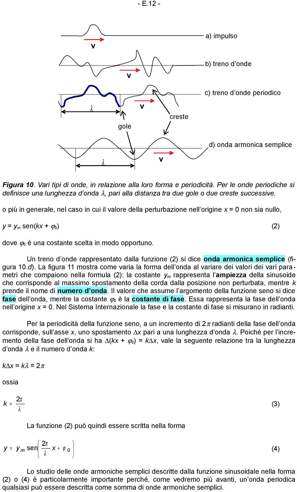 o più in generale, nel caso in cui il valore della perturbazione nell origine x = 0 non sia nullo, y = ym sen(kx + ϕ0) () dove ϕ0 è una costante scelta in modo opportuno.