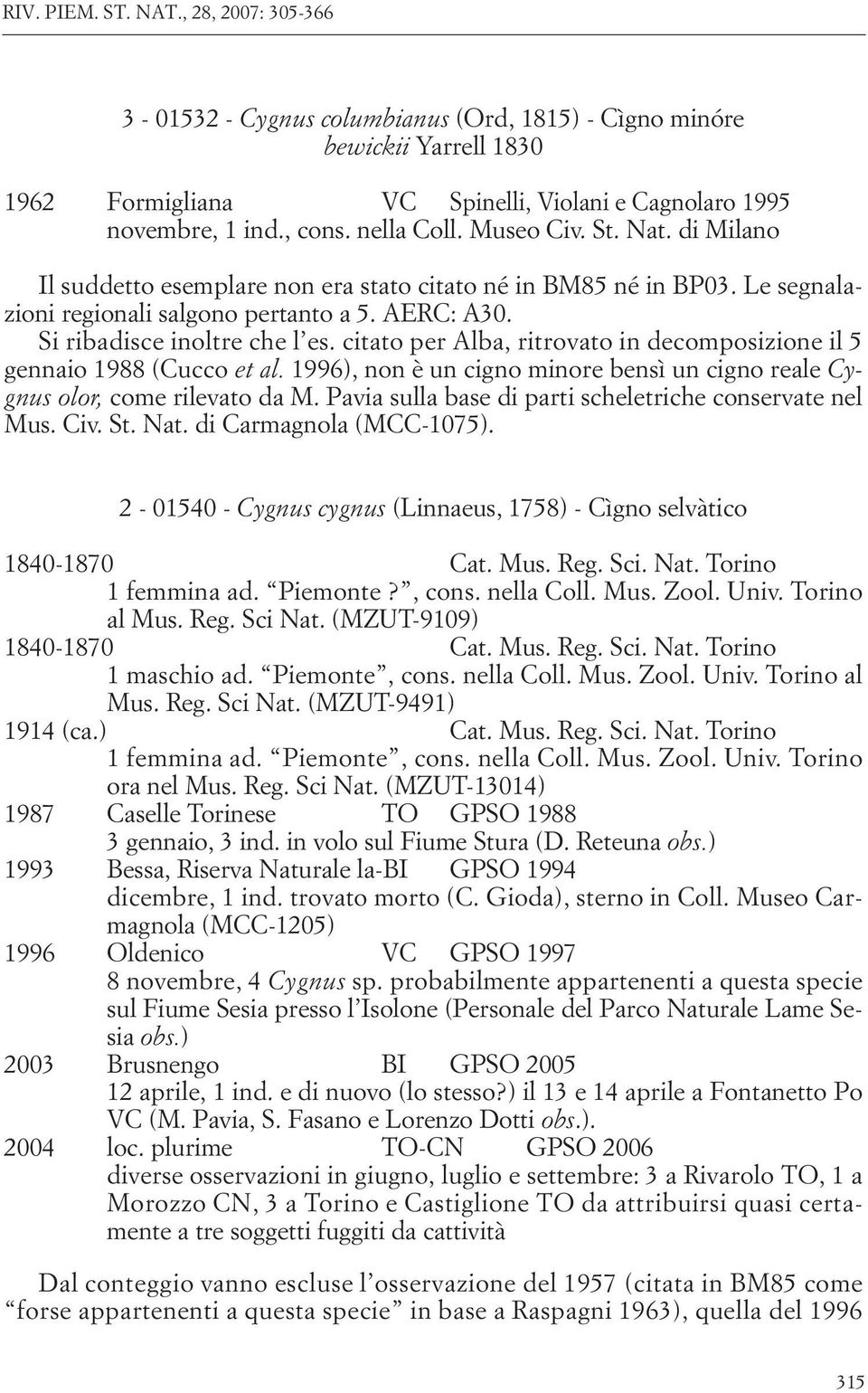 citato per Alba, ritrovato in decomposizione il 5 gennaio 1988 (Cucco et al. 1996), non è un cigno minore bensì un cigno reale Cygnus olor, come rilevato da M.
