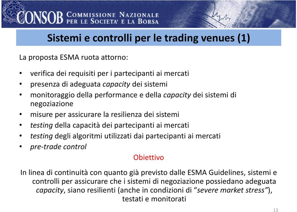 ai mercati testing deglialgoritmi utilizzati daipartecipantiaimercati pre trade control Obiettivo In linea di continuità con quanto già previsto dalle ESMA Guidelines,