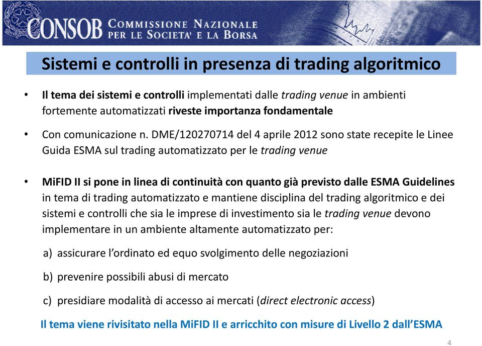 DME/120270714 del 4 aprile 2012 sono state recepite le Linee Guida ESMA sul trading automatizzato per le trading venue MiFID II si pone in linea di continuità con quanto già previsto dalle ESMA