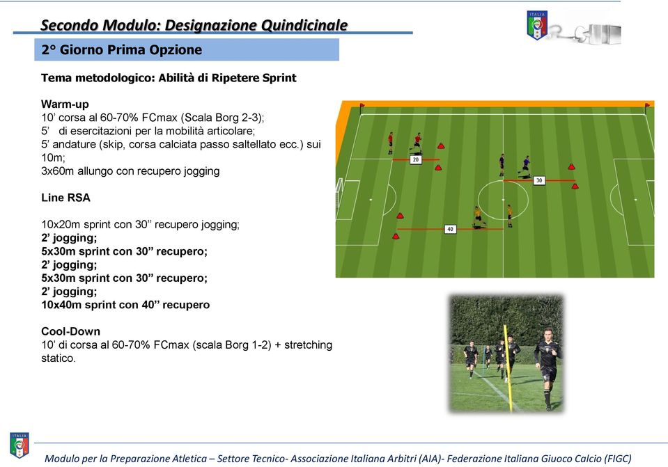 recupero; 2 jogging; 5x30m sprint con 30 recupero; 2 jogging; 10x40m