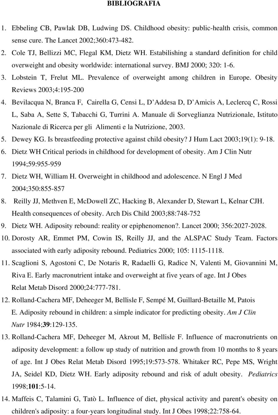 Obesity Reviews 2003;4:195-200 4. Bevilacqua N, Branca F, Cairella G, Censi L, D Addesa D, D Amicis A, Leclercq C, Rossi L, Saba A, Sette S, Tabacchi G, Turrini A.