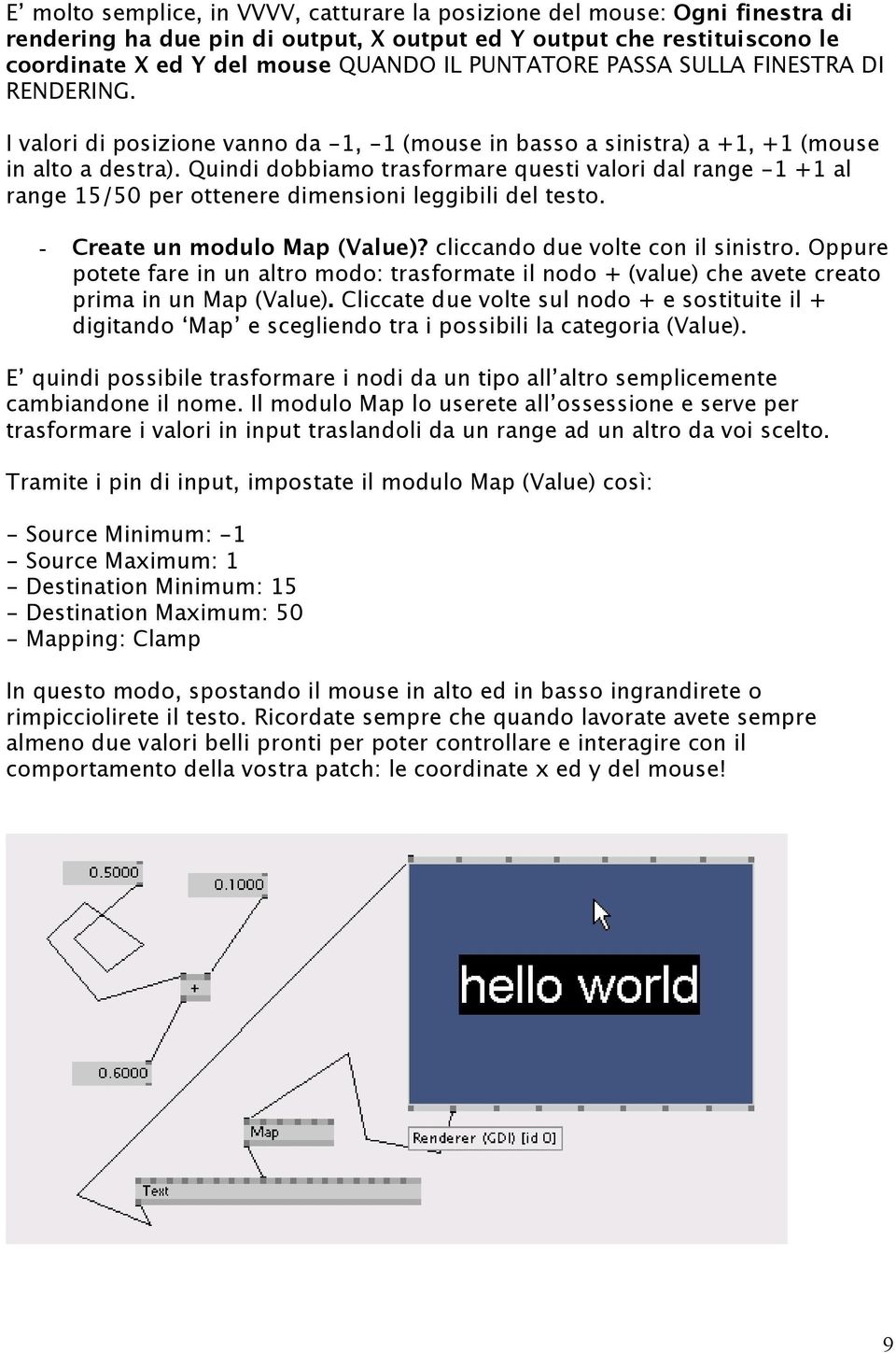 Quindi dobbiamo trasformare questi valori dal range -1 +1 al range 15/50 per ottenere dimensioni leggibili del testo. - Create un modulo Map (Value)? cliccando due volte con il sinistro.