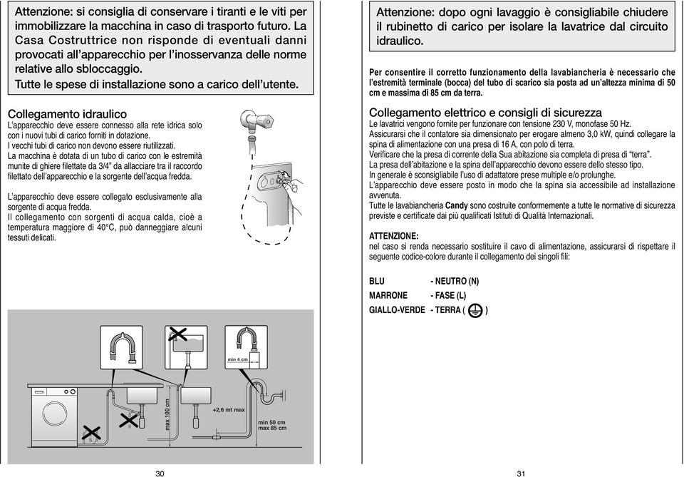 Collegamento idraulico L apparecchio deve essere connesso alla rete idrica solo con i nuovi tubi di carico forniti in dotazione. I vecchi tubi di carico non devono essere riutilizzati.