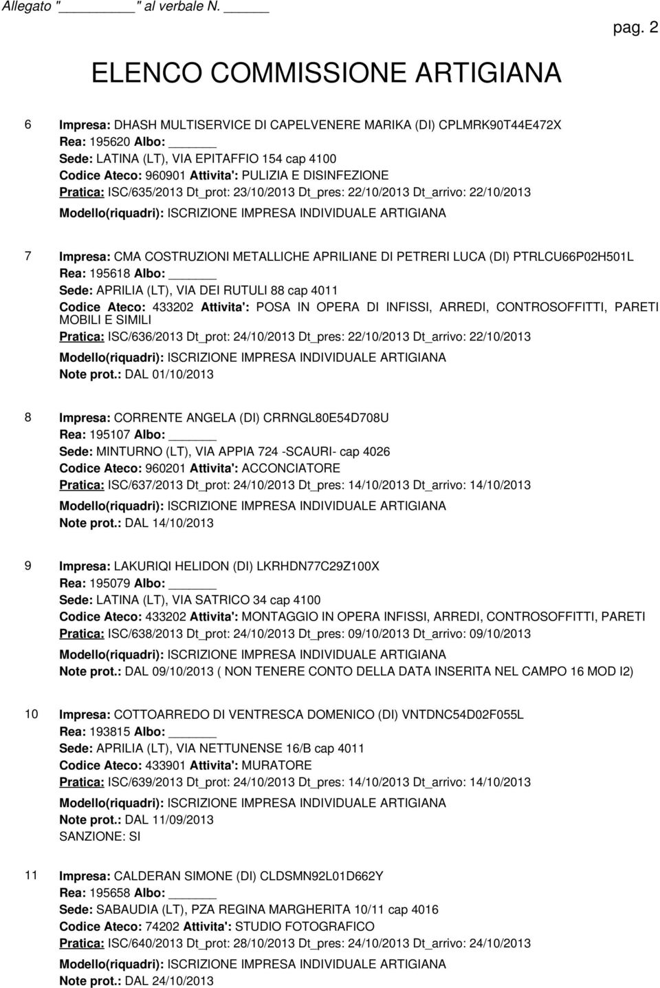 APRILIA (LT), VIA DEI RUTULI 88 cap 4011 Codice Ateco: 433202 Attivita': POSA IN OPERA DI INFISSI, ARREDI, CONTROSOFFITTI, PARETI MOBILI E SIMILI Pratica: ISC/636/2013 Dt_prot: 24/10/2013 Dt_pres: