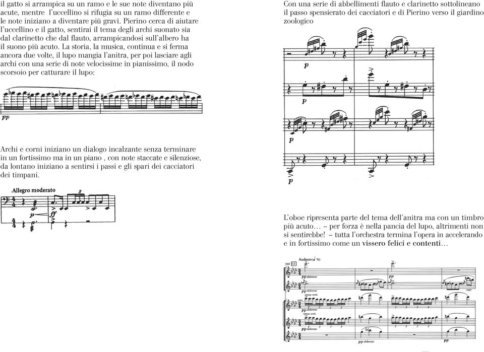 La storia, la musica, continua e si ferma ancora due volte, il lupo mangia l anitra, per poi lasciare agli archi con una serie di note velocissime in pianissimo, il nodo scorsoio per catturare il