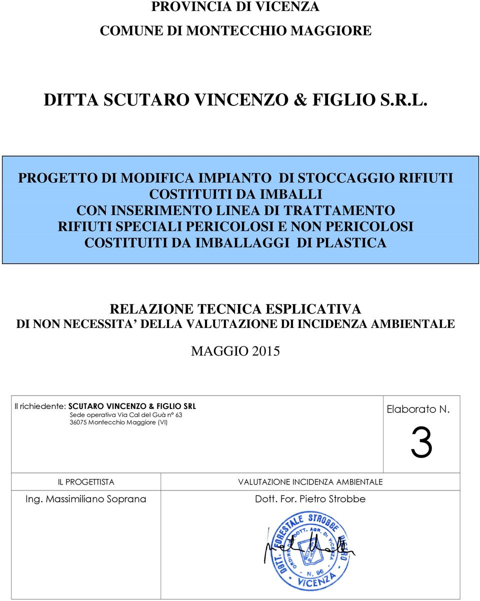 PROGETTO DI MODIFICA IMPIANTO DI STOCCAGGIO RIFIUTI COSTITUITI DA IMBALLI CON INSERIMENTO LINEA DI TRATTAMENTO RIFIUTI SPECIALI PERICOLOSI E NON