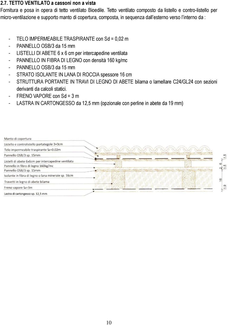 TRASPIRANTE con Sd = 0,02 m - PANNELLO OSB/3 da 15 mm - LISTELLI DI ABETE 6 x 6 cm per intercapedine ventilata - PANNELLO IN FIBRA DI LEGNO con densità 160 kg/mc - PANNELLO OSB/3 da 15