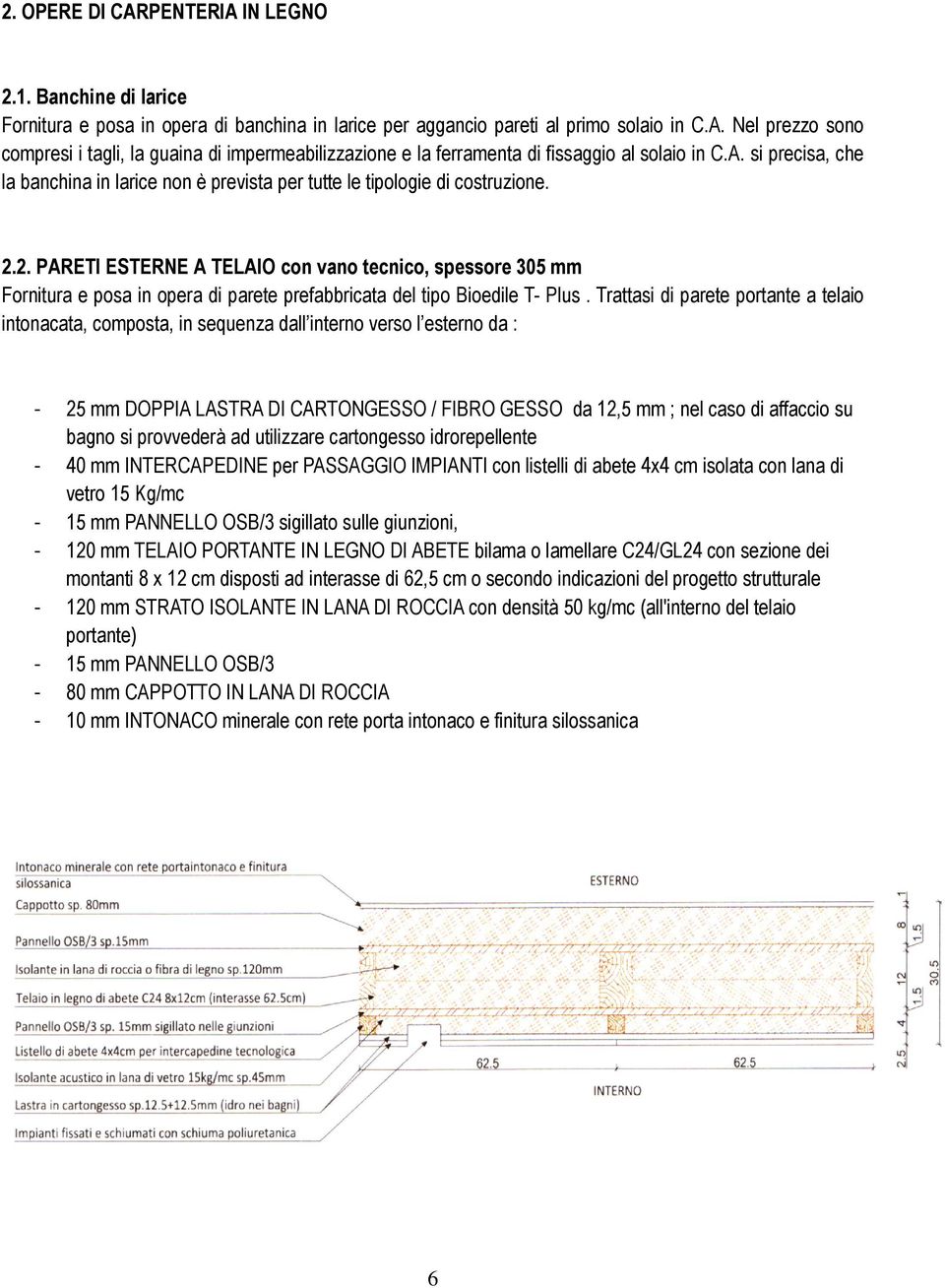 2. PARETI ESTERNE A TELAIO con vano tecnico, spessore 305 mm Fornitura e posa in opera di parete prefabbricata del tipo Bioedile T- Plus.