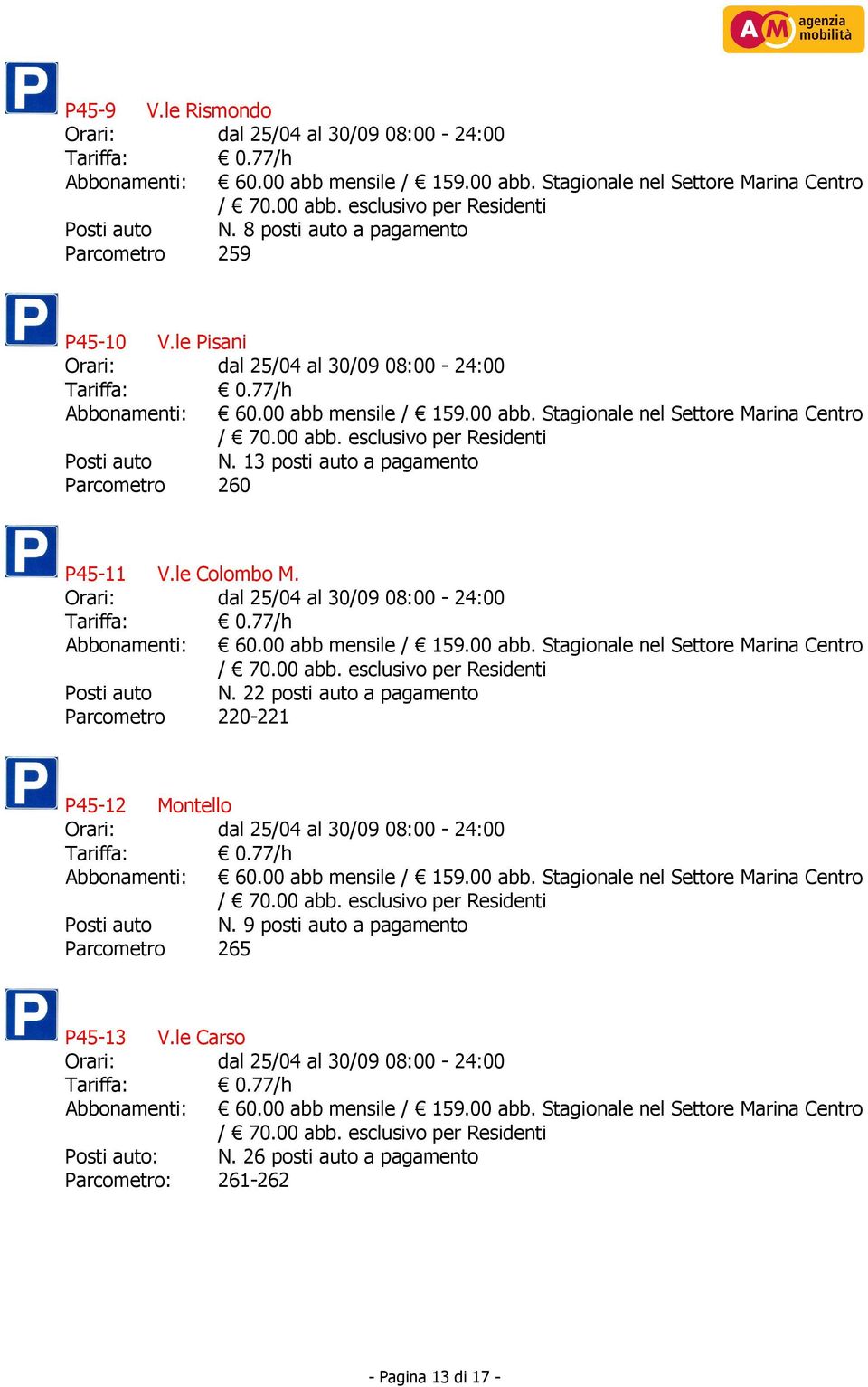 Posti auto N. 22 posti auto a pagamento Parcometro 220-221 P45-12 Montello Posti auto N.