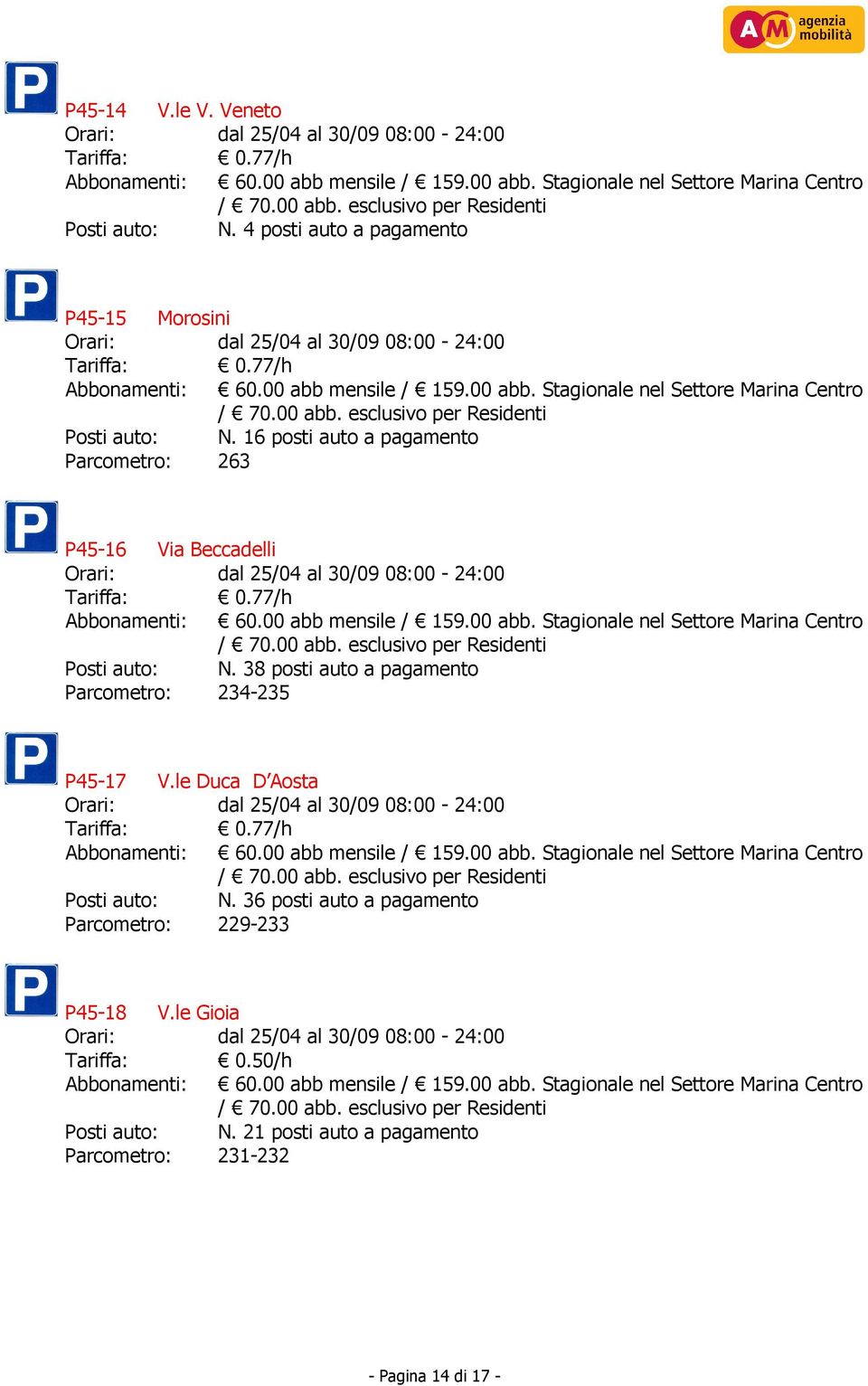 38 posti auto a pagamento Parcometro: 234-235 P45-17 V.le Duca D Aosta Posti auto: N.