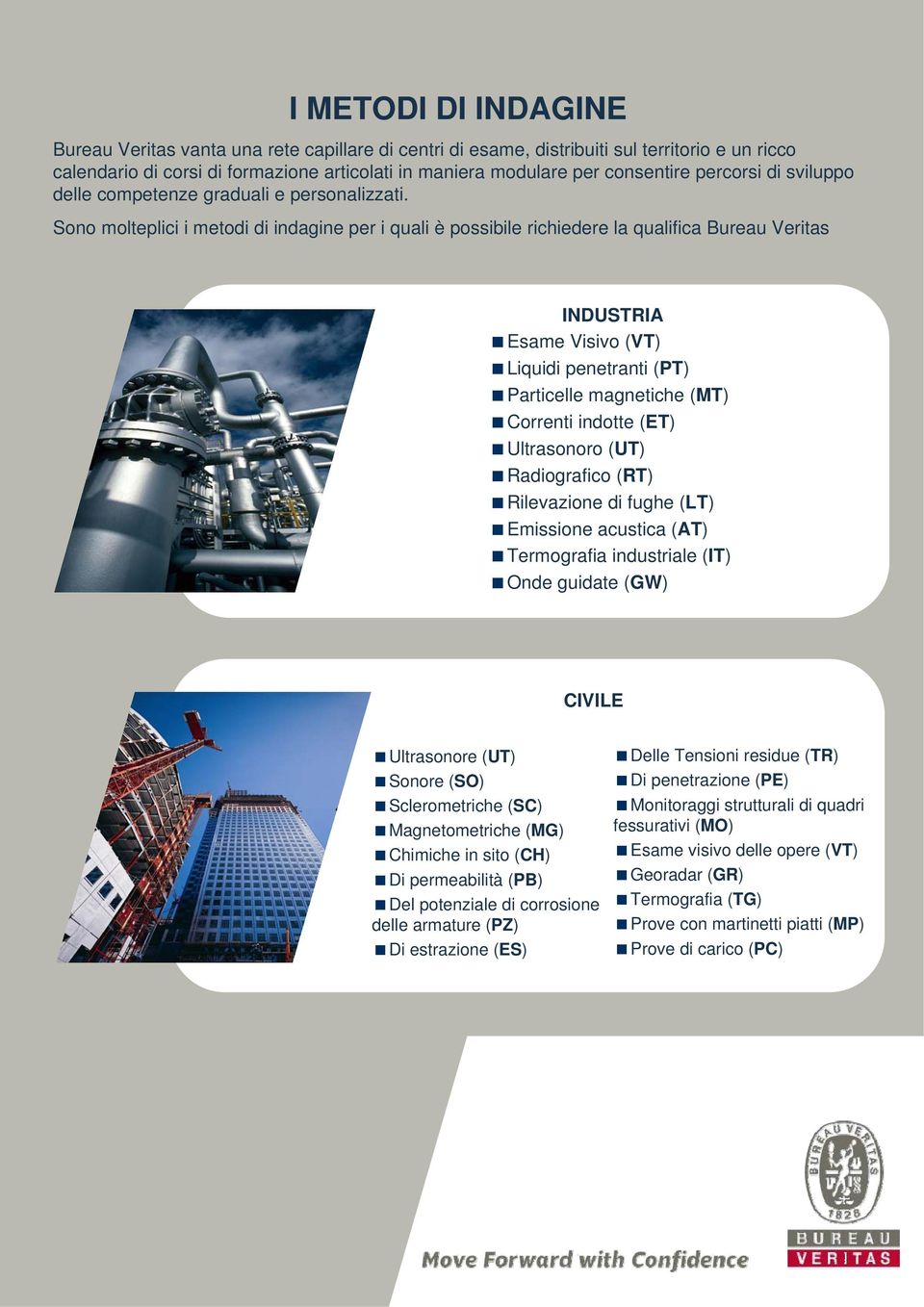 Sono molteplici i metodi di indagine per i quali è possibile richiedere la qualifica Bureau Veritas INDUSTRIA Esame Visivo (VT) Liquidi penetranti (PT) Particelle magnetiche (MT) Correnti indotte