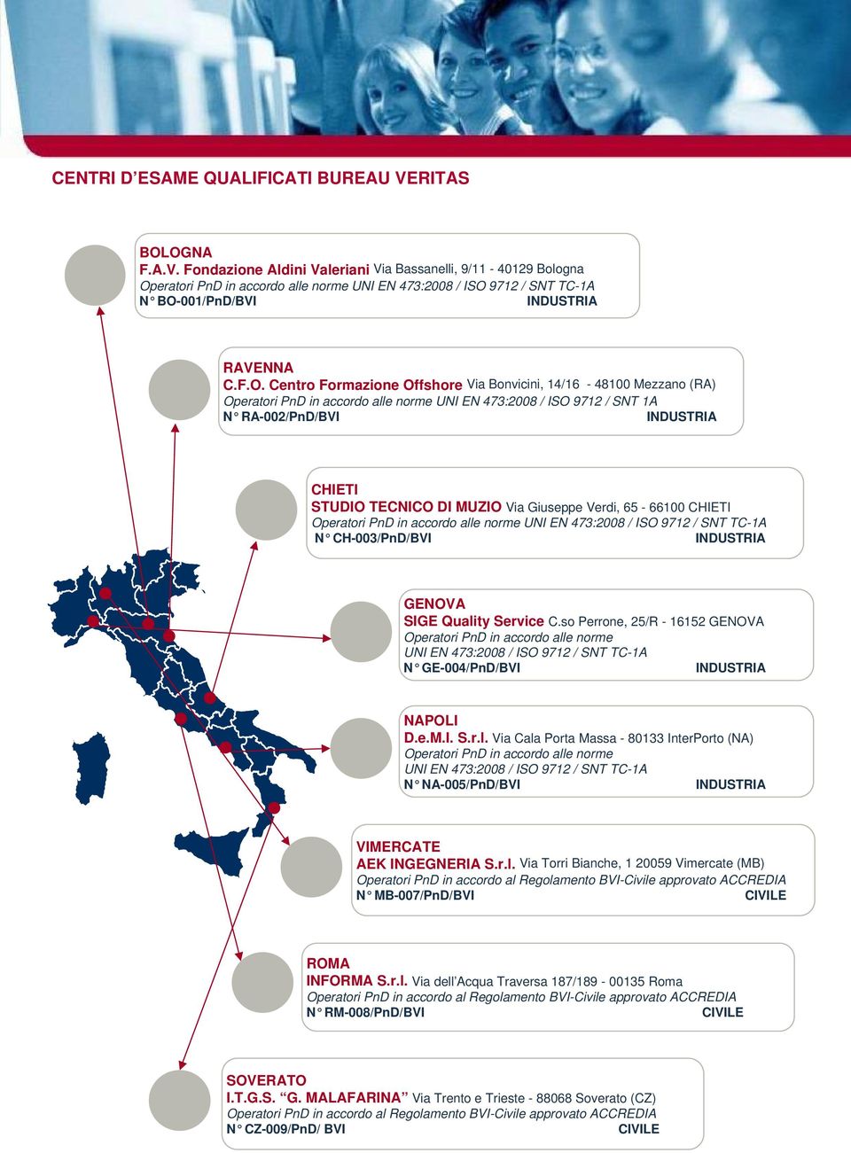 OGNA F.A.V. Fondazione Aldini Valeriani Via Bassanelli, 9/11-40129 Bologna Operatori PnD in accordo alle norme UNI EN 473:2008 / ISO 9712 / SNT TC-1A N BO-001/PnD/BVI INDUSTRIA RAVENNA C.F.O. Centro