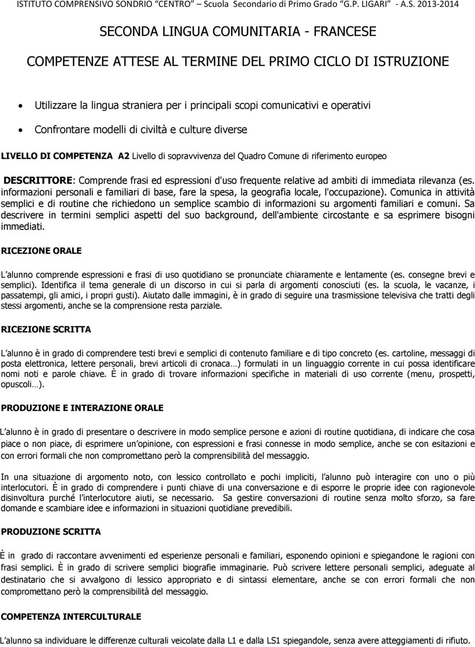 riferimento europeo DESCRITTORE: Comprende frasi ed espressioni d'uso frequente relative ad ambiti di immediata rilevanza (es.