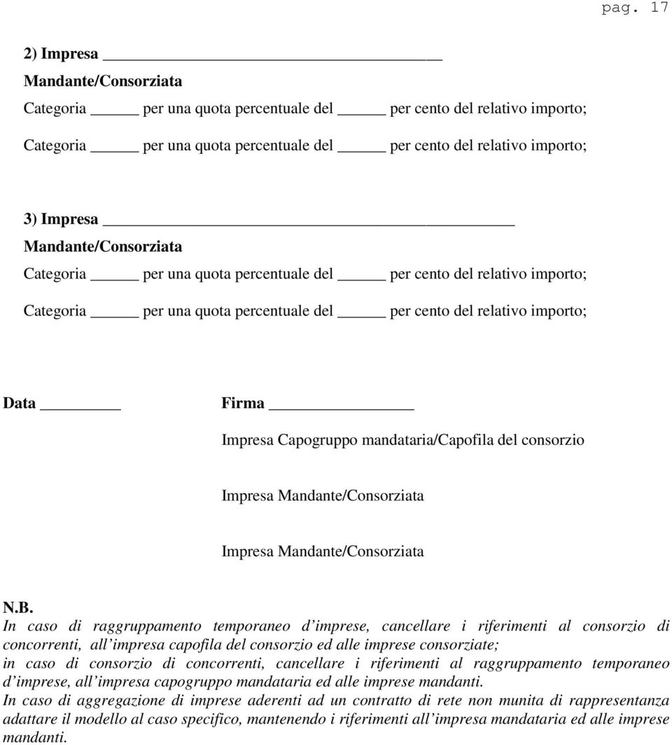 mandataria/capofila del consorzio Impresa Mandante/Consorziata Impresa Mandante/Consorziata N.B.