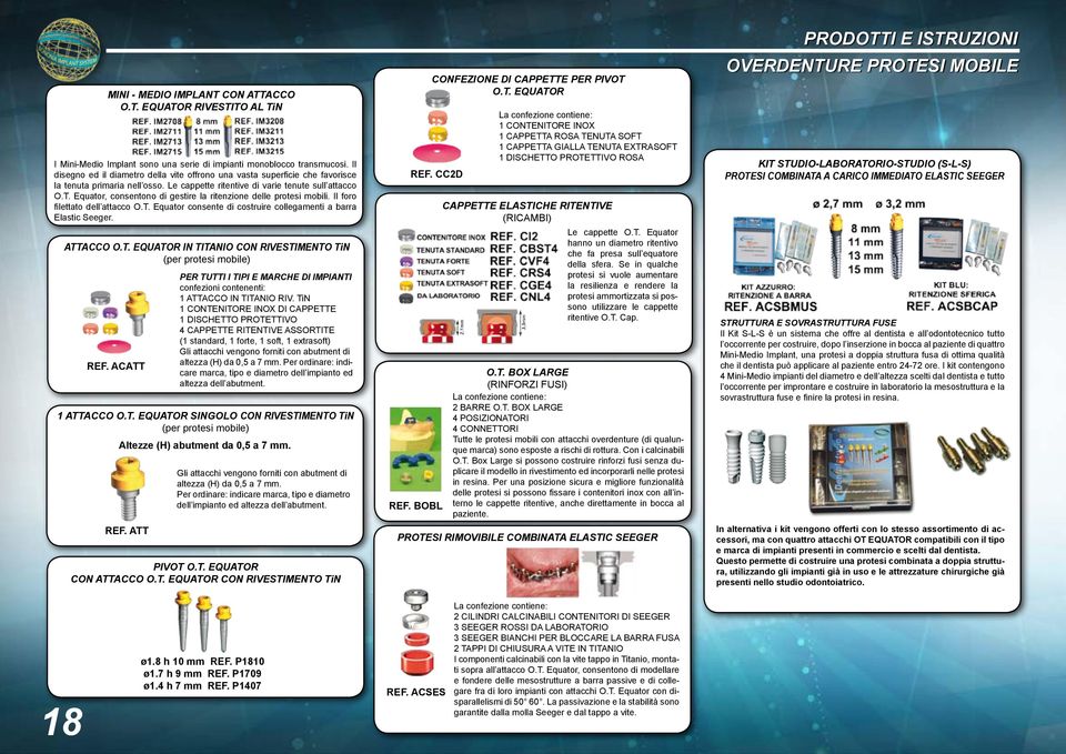 Equator, consentono di gestire la ritenzione delle protesi mobili. Il foro filettato dell attacco O.T. Equator consente di costruire collegamenti a barra Elastic Seeger. ATTACCO O.T. EQUATOR IN TITANIO CON RIVESTIMENTO TiN (per protesi mobile) REF.