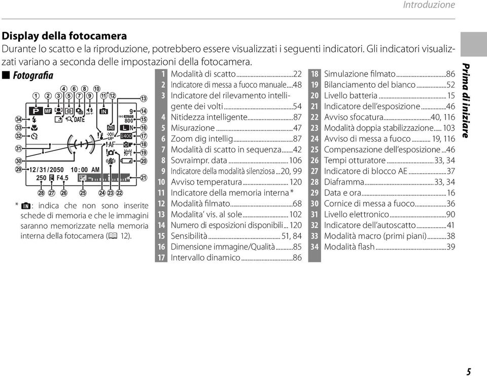 ..48 9 Bilanciamento del bianco...52 3 Indicatore del rilevamento intelligente 20 Livello batteria...5 dei volti...54 2 Indicatore dell esposizione...46 P 9 800 4 Nitidezza intelligente.