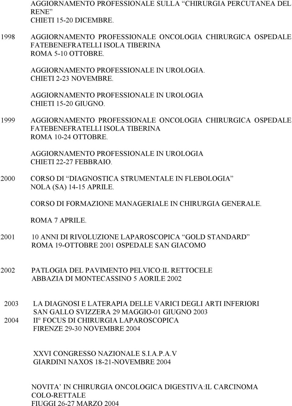 1999 AGGIORNAMENTO PROFESSIONALE ONCOLOGIA CHIRURGICA OSPEDALE FATEBENEFRATELLI ISOLA TIBERINA ROMA 10-24 OTTOBRE. AGGIORNAMENTO PROFESSIONALE IN UROLOGIA CHIETI 22-27 FEBBRAIO.