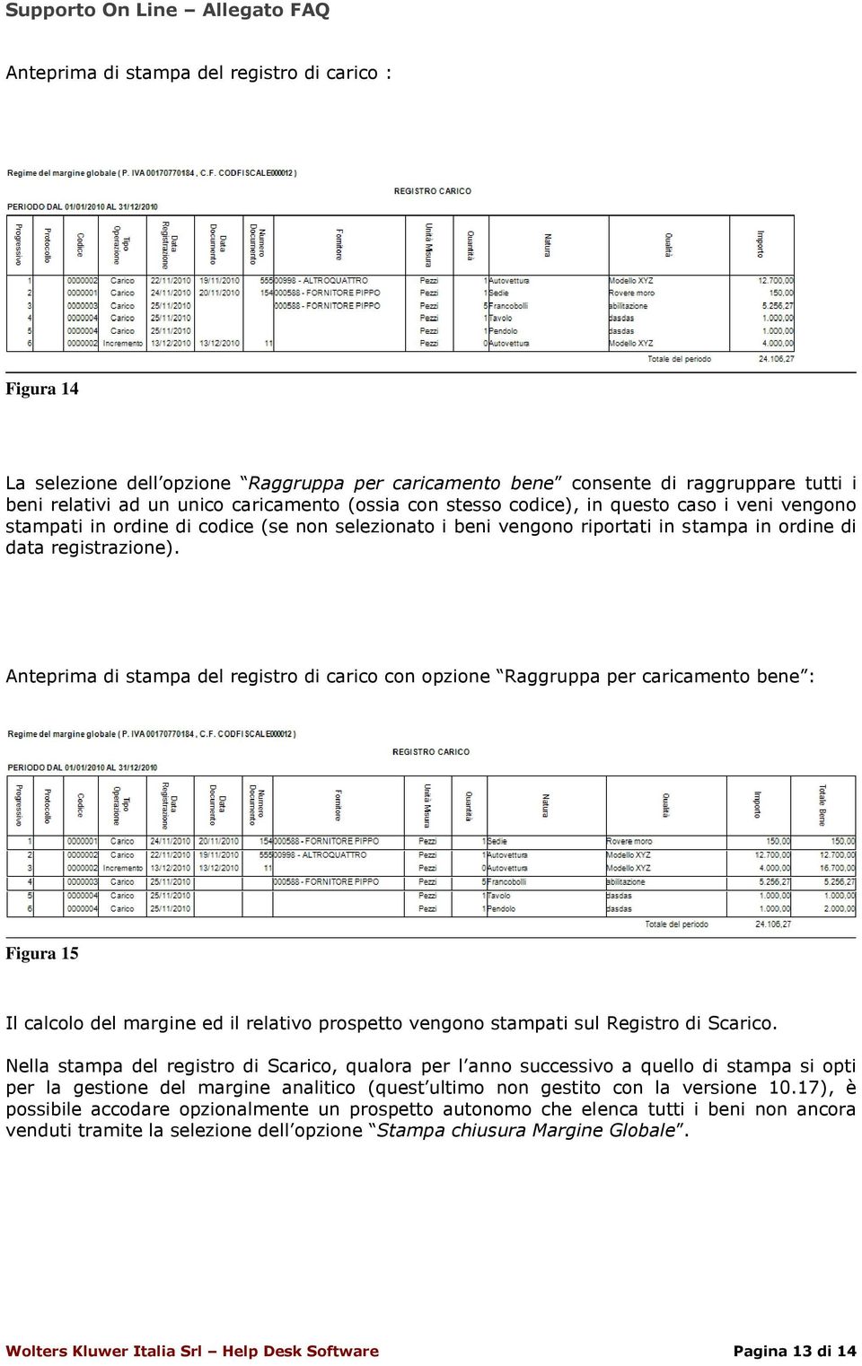 Anteprima di stampa del registro di carico con opzione Raggruppa per caricamento bene : Figura 15 Il calcolo del margine ed il relativo prospetto vengono stampati sul Registro di Scarico.