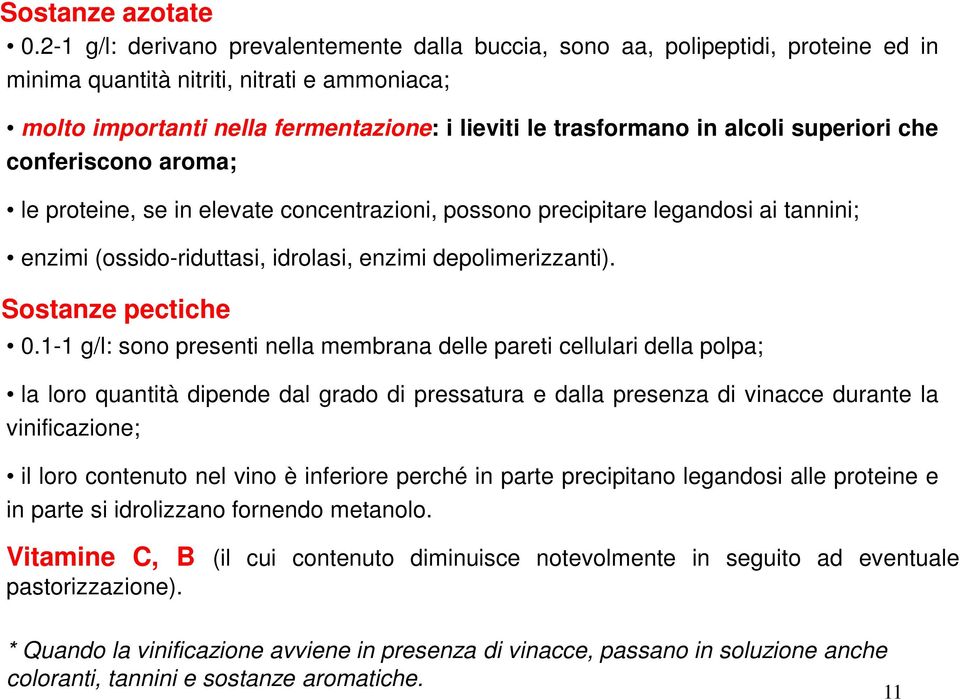 alcoli superiori che conferiscono aroma; le proteine, se in elevate concentrazioni, possono precipitare legandosi ai tannini; enzimi (ossido-riduttasi, idrolasi, enzimi depolimerizzanti).