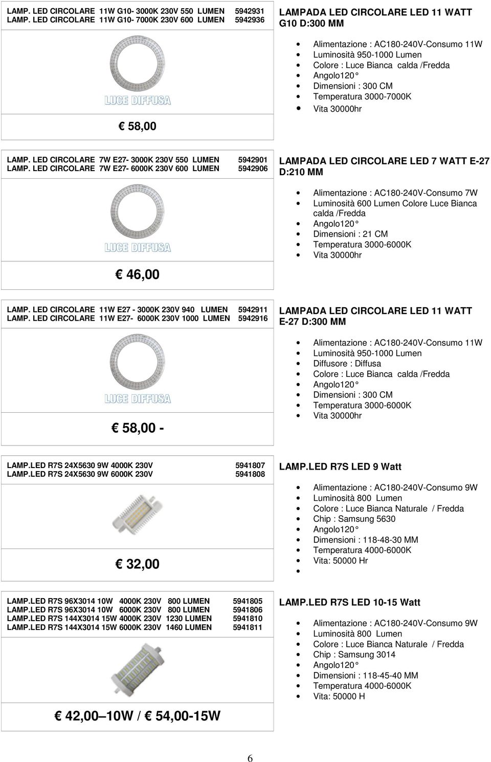 Bianca calda /Fredda Angolo120 Dimensioni : 300 CM Temperatura 3000-7000K LAMP. LED CIRCOLARE 7W E27-3000K 230V 550 LUMEN 5942901 LAMP.