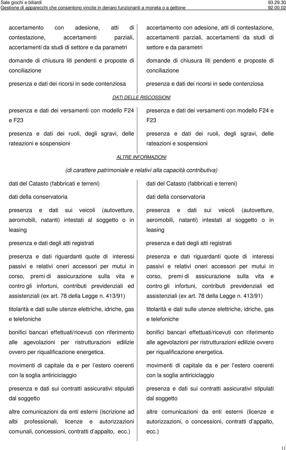 e sospensioni presenza e dati dei versamenti con modello F24 e F23 presenza e dati dei ruoli, degli sgravi, delle rateazioni e sospensioni ALTRE INFORMAZIONI (di carattere patrimoniale e relativi