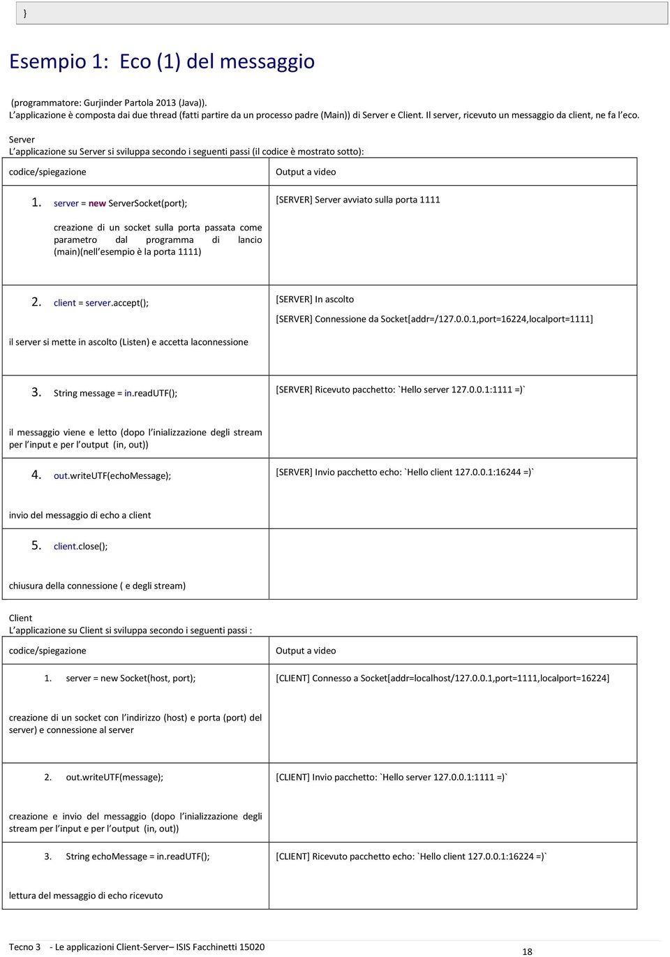 server = new ServerSocket(port); Output a video [SERVER] Server avviato sulla porta 1111 creazione di un socket sulla porta passata come parametro dal programma di lancio (main)(nell esempio è la