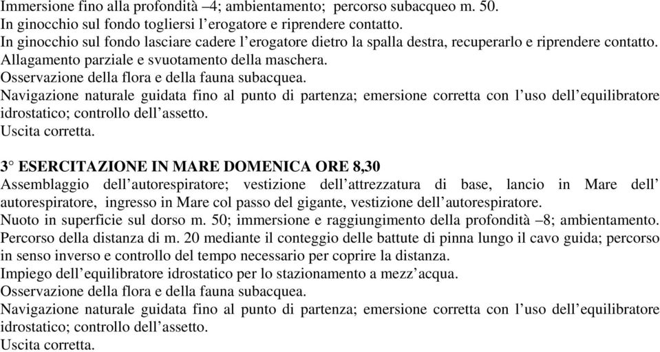 3 ESERCITAZIONE IN MARE DOMENICA ORE 8,30 Assemblaggio dell autorespiratore; vestizione dell attrezzatura di base, lancio in Mare dell autorespiratore, ingresso in Mare col passo del gigante,