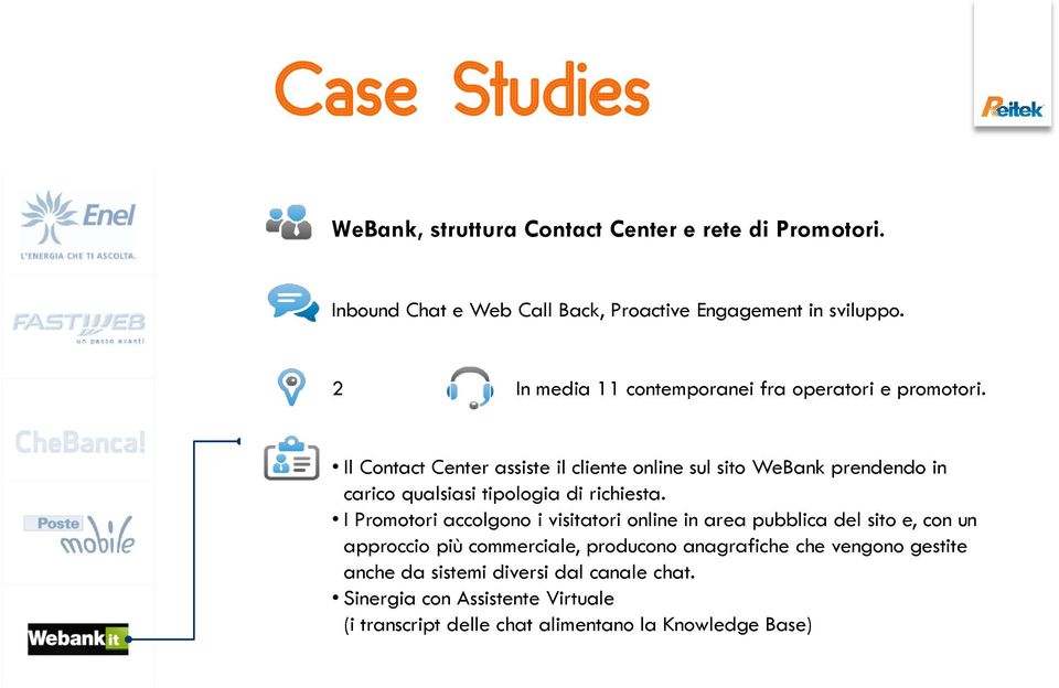 Il Contact Center assiste il cliente online sul sito WeBank prendendo in carico qualsiasi tipologia di richiesta.