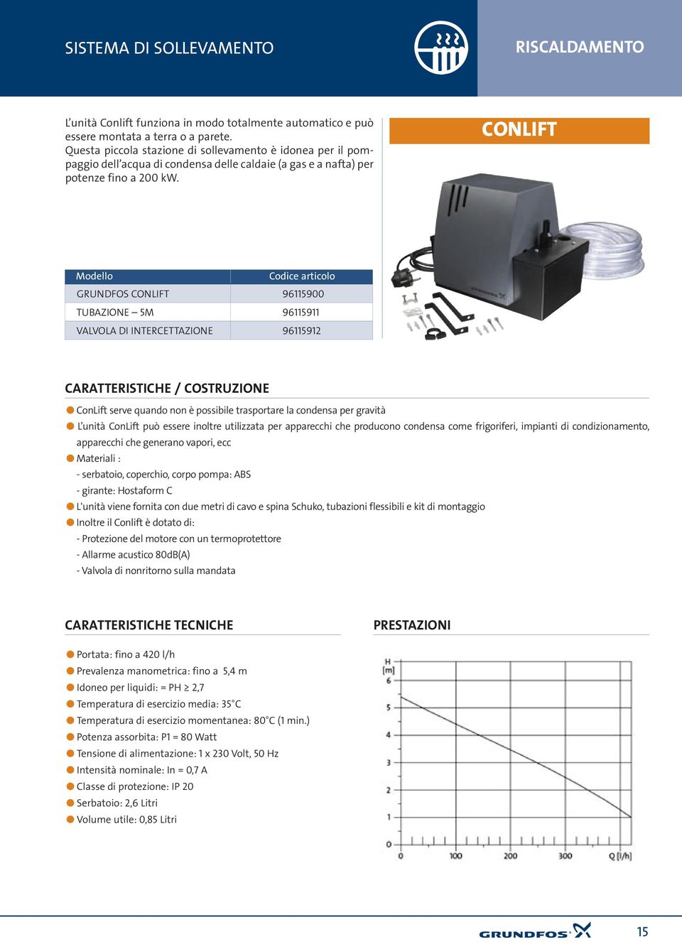 CONLIFT Modello Codice articolo GRUNDFOS CONLIFT 9659 TUBAZIONE 5M 9659 VALVOLA DI INTERCETTAZIONE 9659 CARATTERISTICE / COSTRUZIONE ConLift serve quando non è ossibile trasortare la condensa er