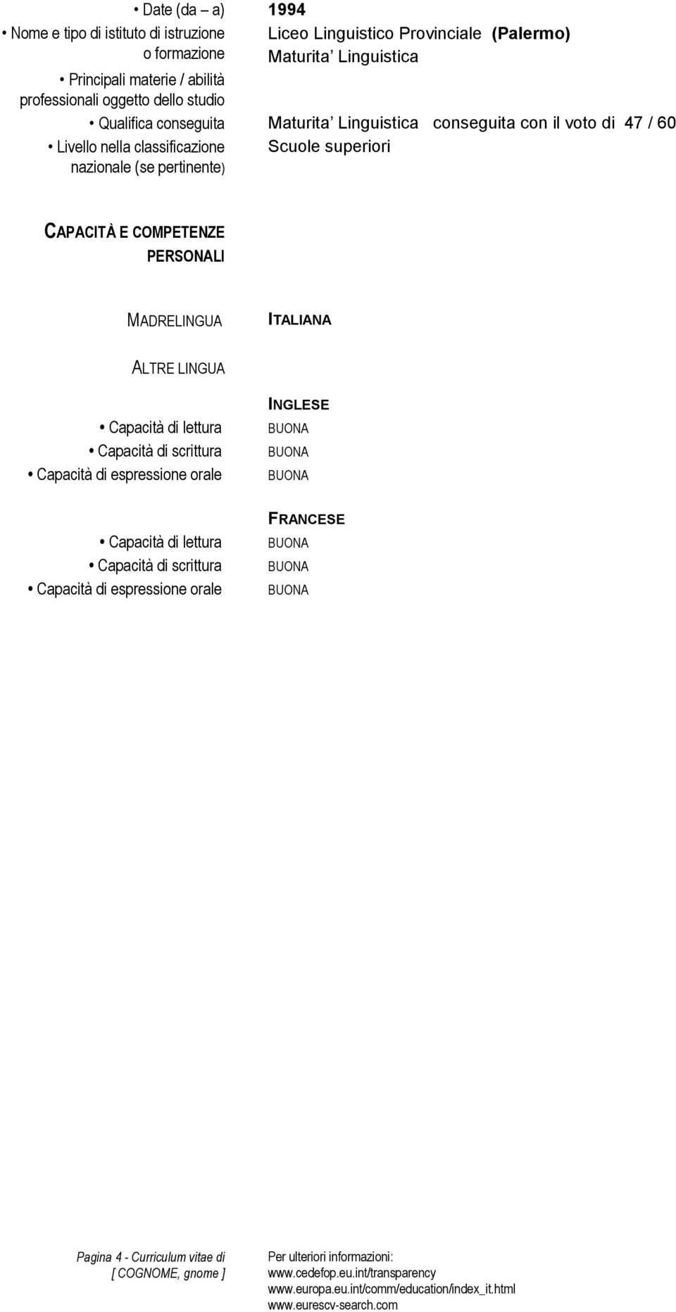 Scuole superiori nazionale (se pertinente) CAPACITÀ E COMPETENZE PERSONALI MADRELINGUA ITALIANA ALTRE LINGUA Capacità di lettura Capacità di