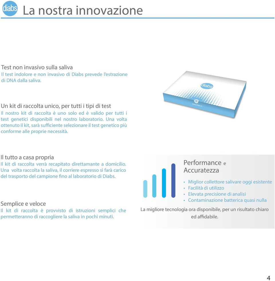 Una volta ottenuto il kit, sarà sufficiente selezionare il test genetico più conforme alle proprie necessità. Il tutto a casa propria Il kit di raccolta verrà recapitato direttamante a domicilio.