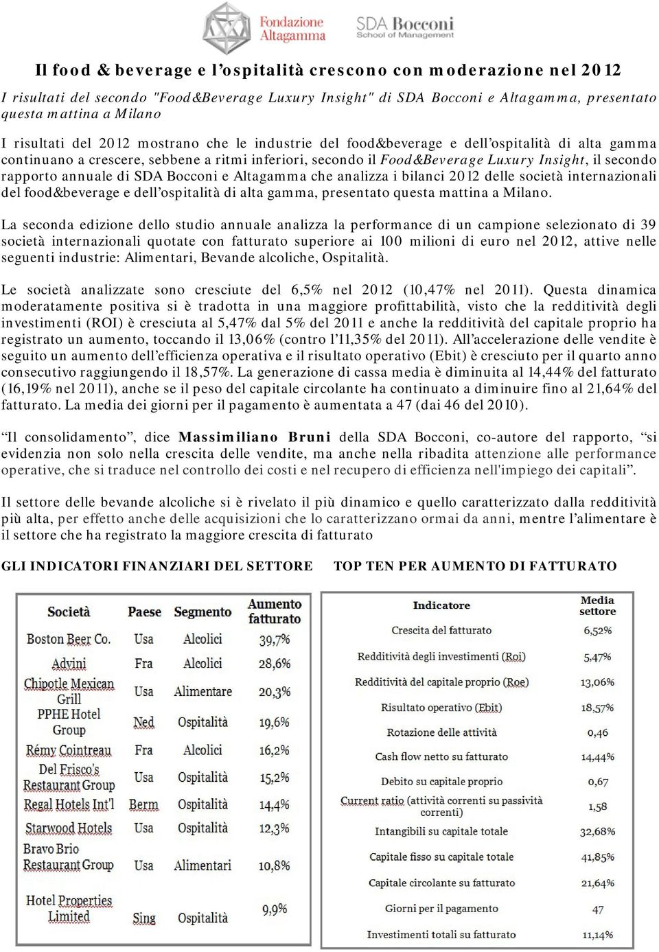 annuale di SDA Bocconi e Altagamma che analizza i bilanci 2012 delle società internazionali del food&beverage e dell ospitalità di alta gamma, presentato questa mattina a Milano.