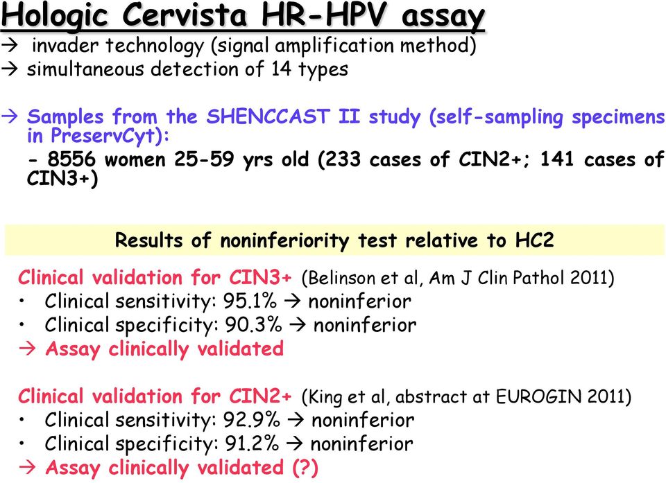 CIN3+ (Belinson et al, Am J Clin Pathol 2011) Clinical sensitivity: 95.1% noninferior Clinical specificity: 90.
