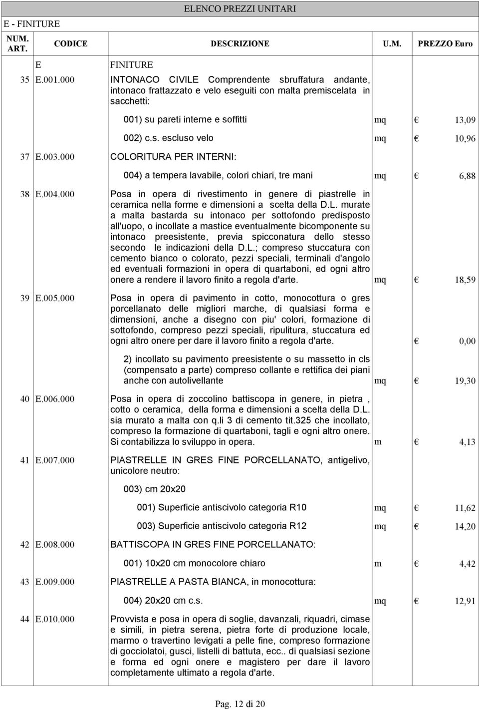 003.000 COLORITURA PER INTERNI: 004) a tempera lavabile, colori chiari, tre mani mq 6,88 38 E.004.000 Posa in opera di rivestimento in genere di piastrelle in ceramica nella forme e dimensioni a scelta della D.