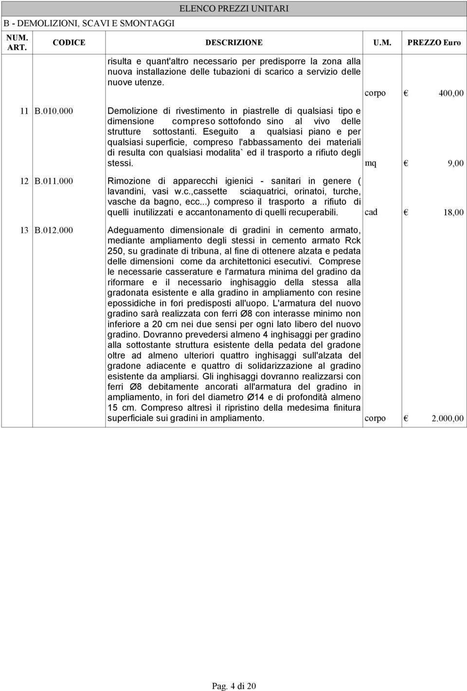 Eseguito a qualsiasi piano e per qualsiasi superficie, compreso l'abbassamento dei materiali di resulta con qualsiasi modalita` ed il trasporto a rifiuto degli stessi. mq 9,00 12 B.011.