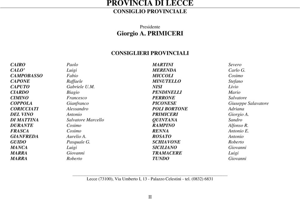 Giuseppe Salavatore CORICCIATI Alessandro POLI BORTONE Adriana DEL VINO Antonio PRIMICERI Giorgio A. DI MATTINA Salvatore Marcello QUINTANA Sandro DURANTE Cosimo RAMPINO Alfonso R.