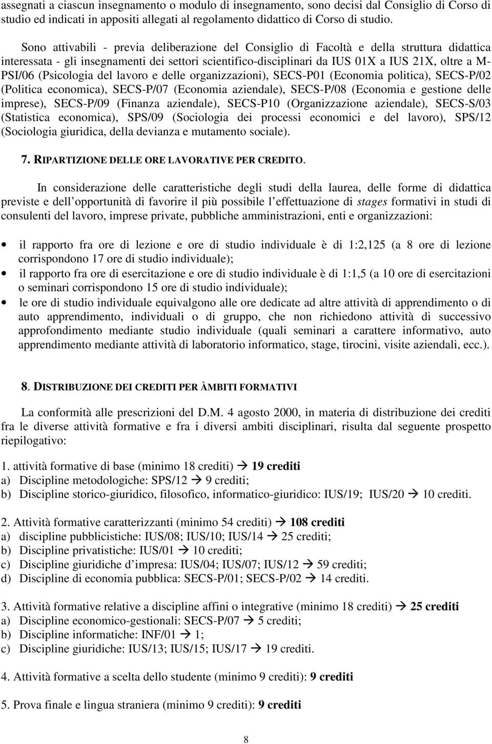 (Psicologia del lavoro e delle organizzazioni), SECS-P01 (Economia politica), SECS-P/02 (Politica economica), SECS-P/07 (Economia aziendale), SECS-P/08 (Economia e gestione delle imprese), SECS-P/09