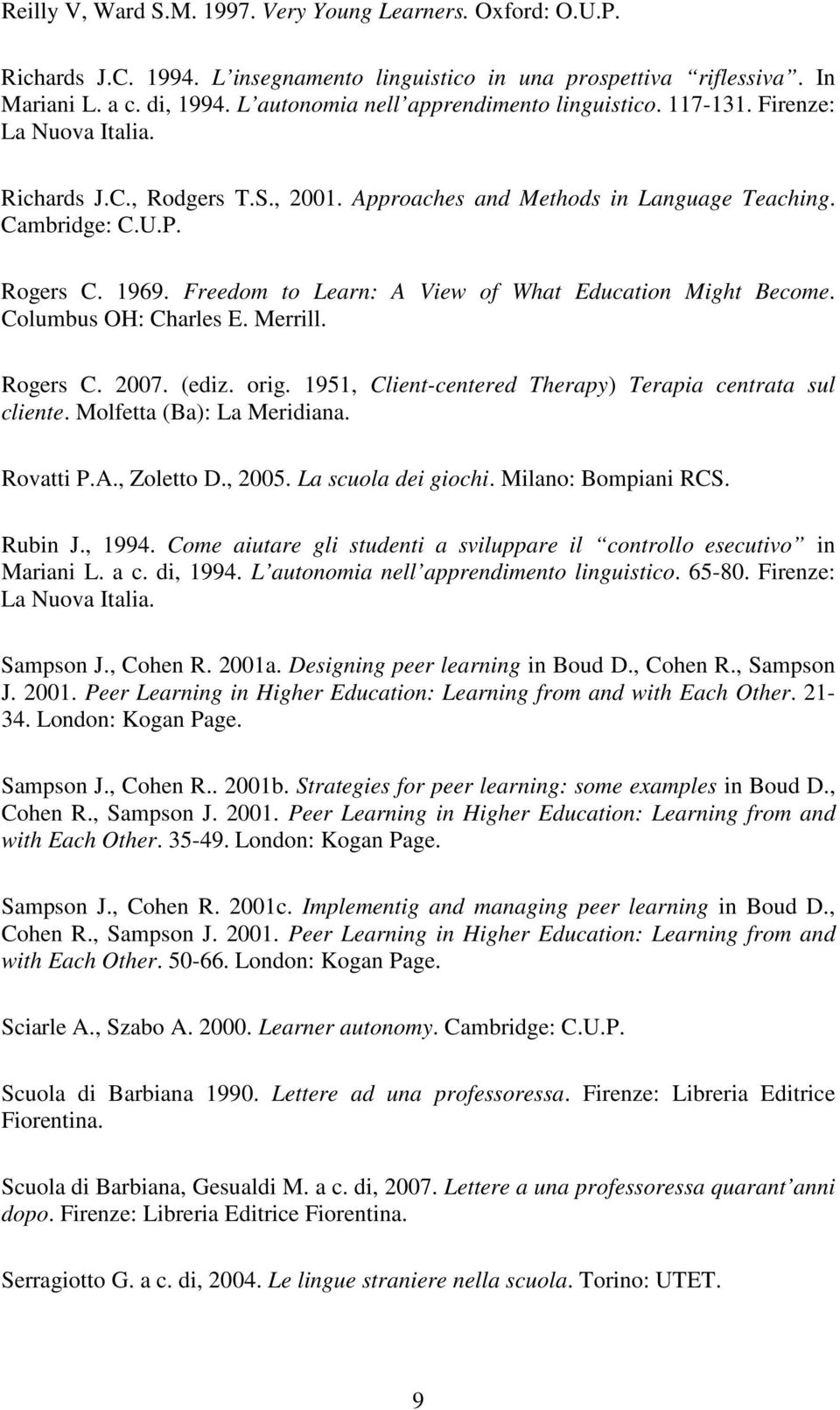 Freedom to Learn: A View of What Education Might Become. Columbus OH: Charles E. Merrill. Rogers C. 2007. (ediz. orig. 1951, Client-centered Therapy) Terapia centrata sul cliente.