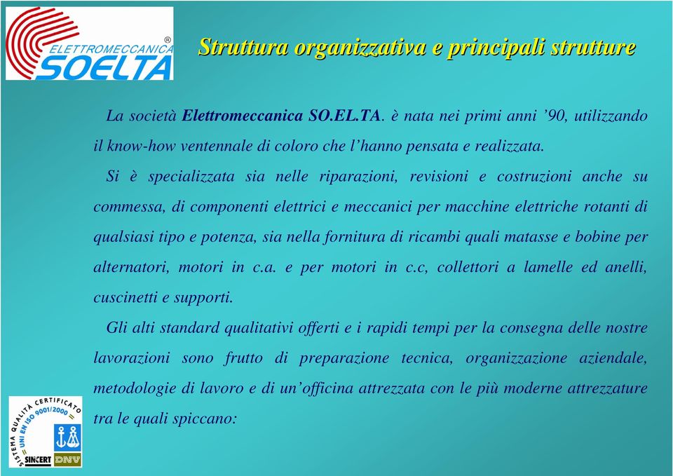 fornitura di ricambi quali matasse e bobine per alternatori, motori in c.a. e per motori in c.c, collettori a lamelle ed anelli, cuscinetti e supporti.