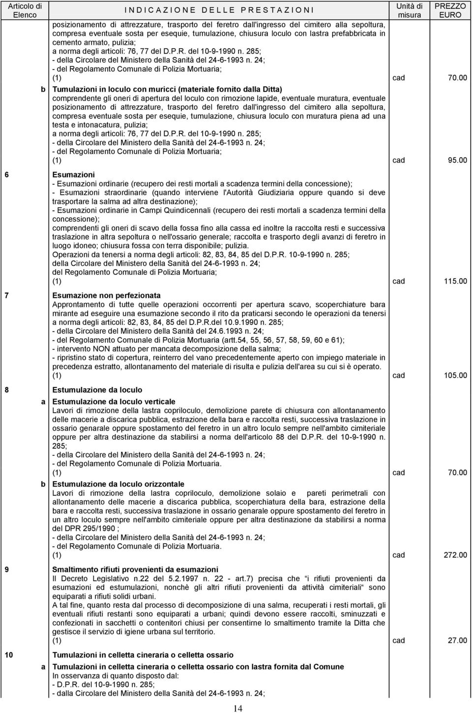 285; - della Circolare del Ministero della Sanità del 24-6-1993 n. 24; - del Regolamento Comunale di Polizia Mortuaria; (1) cad 70.