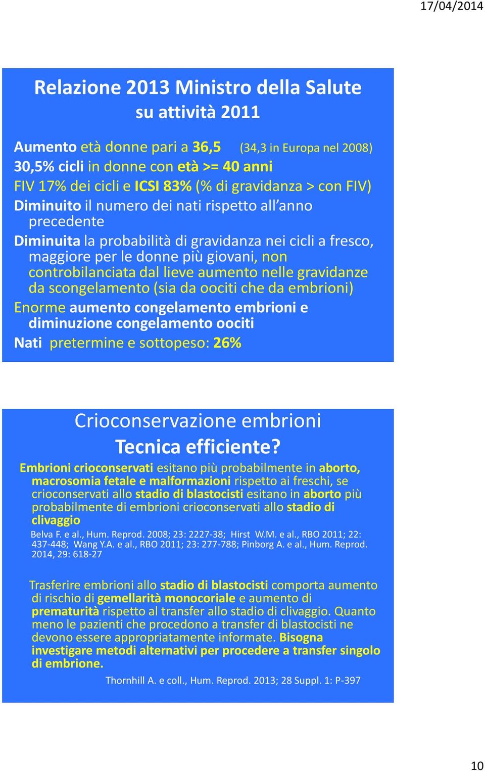 nelle gravidanze da scongelamento (sia da oociti che da embrioni) Enorme aumento congelamento embrioni e diminuzione congelamento oociti Nati pretermine e sottopeso: 26% Crioconservazione embrioni