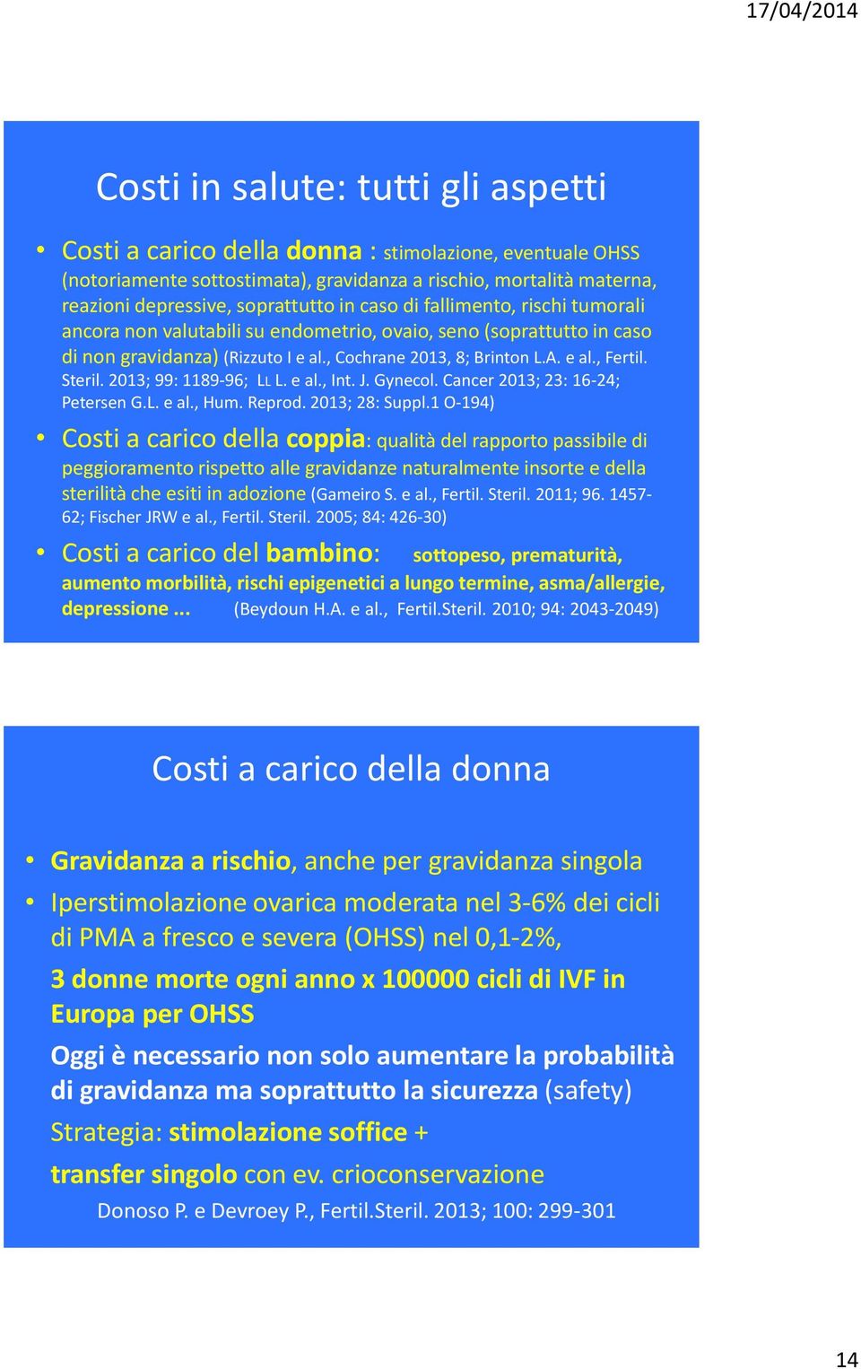 2013; 99: 1189-96; LL L. e al., Int. J. Gynecol. Cancer 2013; 23: 16-24; Petersen G.L. e al., Hum. Reprod. 2013; 28: Suppl.