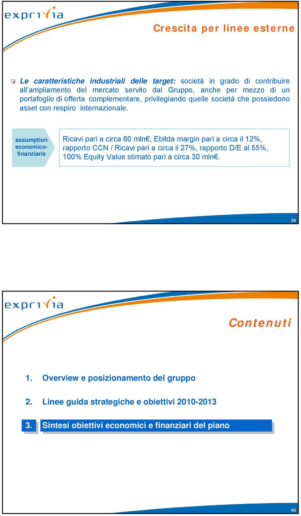 ssumption omicofinnziri Ricvi pri circ 60 mln, Ebitd mrgin pri circ il 12%, rpporto CCN / Ricvi pri circ il 27%, rpporto D/E l