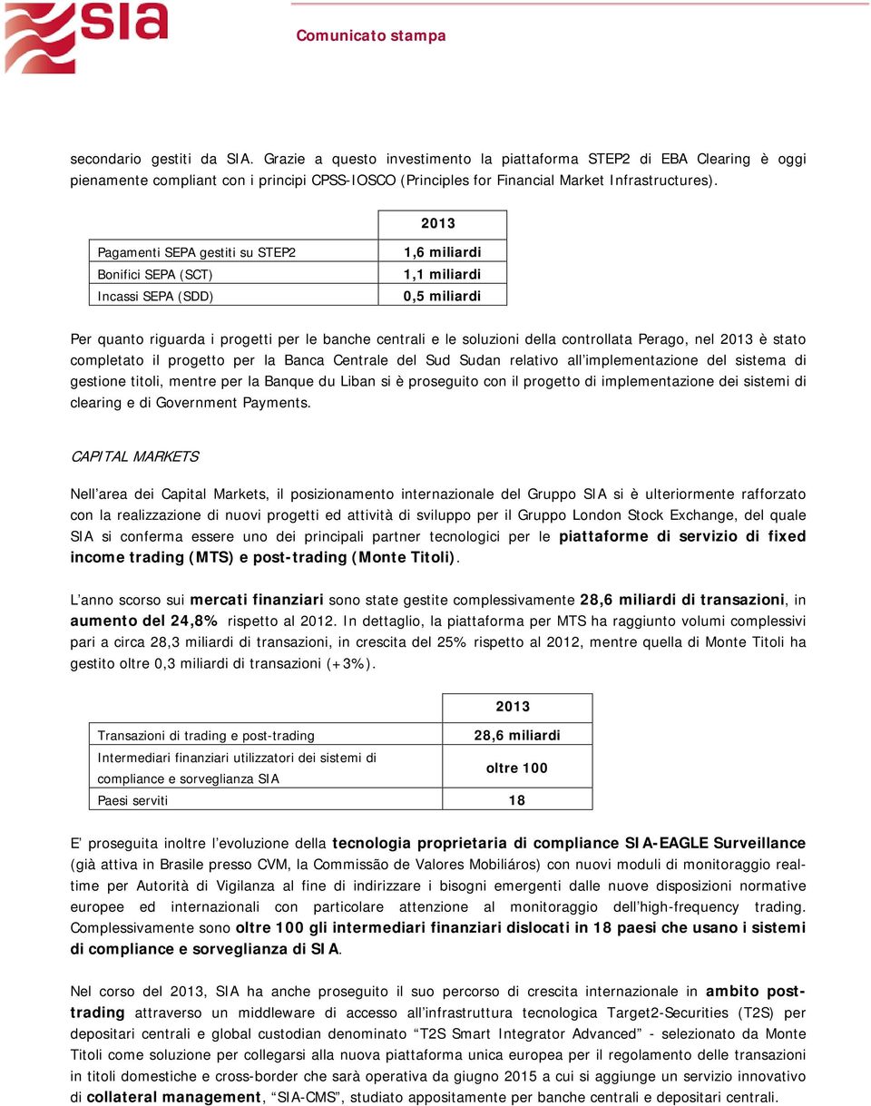 controllata Perago, nel 2013 è stato completato il progetto per la Banca Centrale del Sud Sudan relativo all implementazione del sistema di gestione titoli, mentre per la Banque du Liban si è