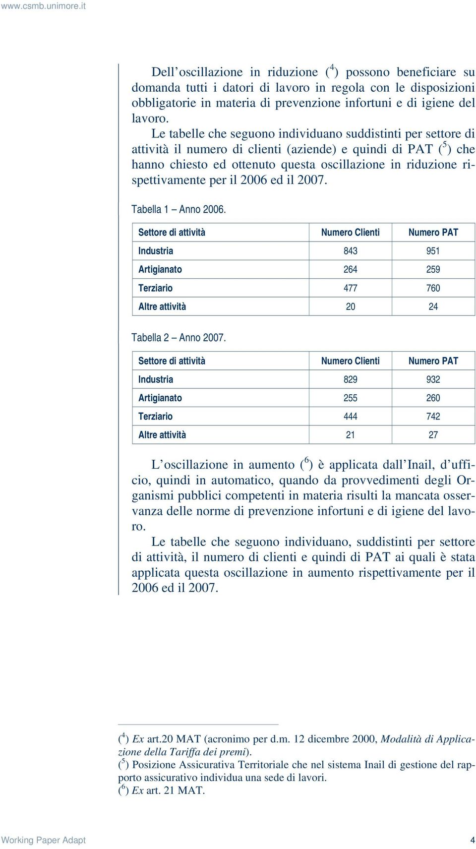 rispettivamente per il 2006 ed il 2007. Tabella 1 Anno 2006.