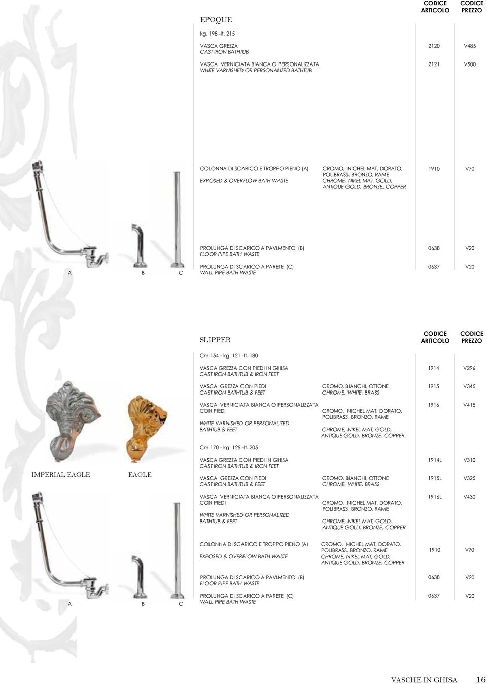 WASTE 1910 V70 PROLUNGA DI SCARICO A PAVIMENTO (B) FLOOR PIPE BATH WASTE 0638 A B C PROLUNGA DI SCARICO A PARETE (C) WALL PIPE BATH WASTE 0637 SLIPPER ARTICOLO PREZZO Cm 154 - kg. 121 -lt.