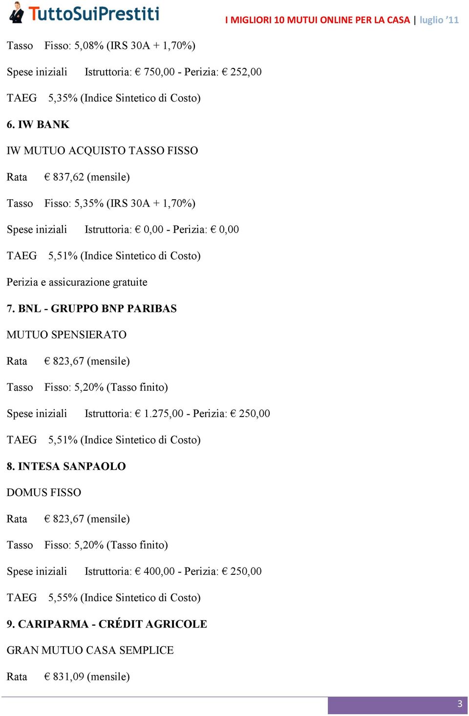 BNL - GRUPPO BNP PARIBAS MUTUO SPENSIERATO Tasso 823,67 (mensile) Fisso: 5,20% (Tasso finito) Spese iniziali Istruttoria: 1.