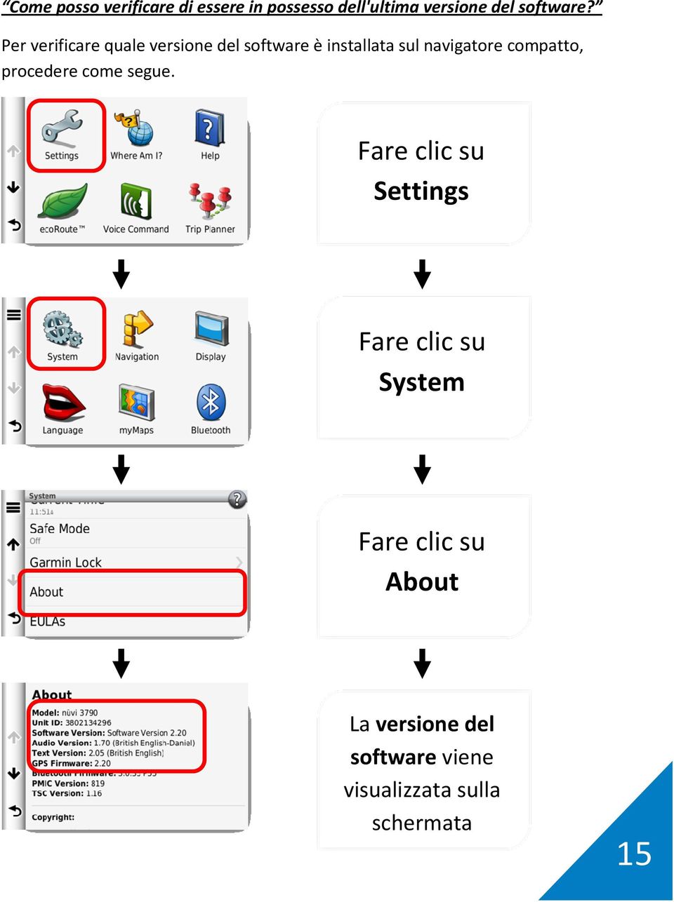 Per verificare quale versione del software è installata sul navigatore