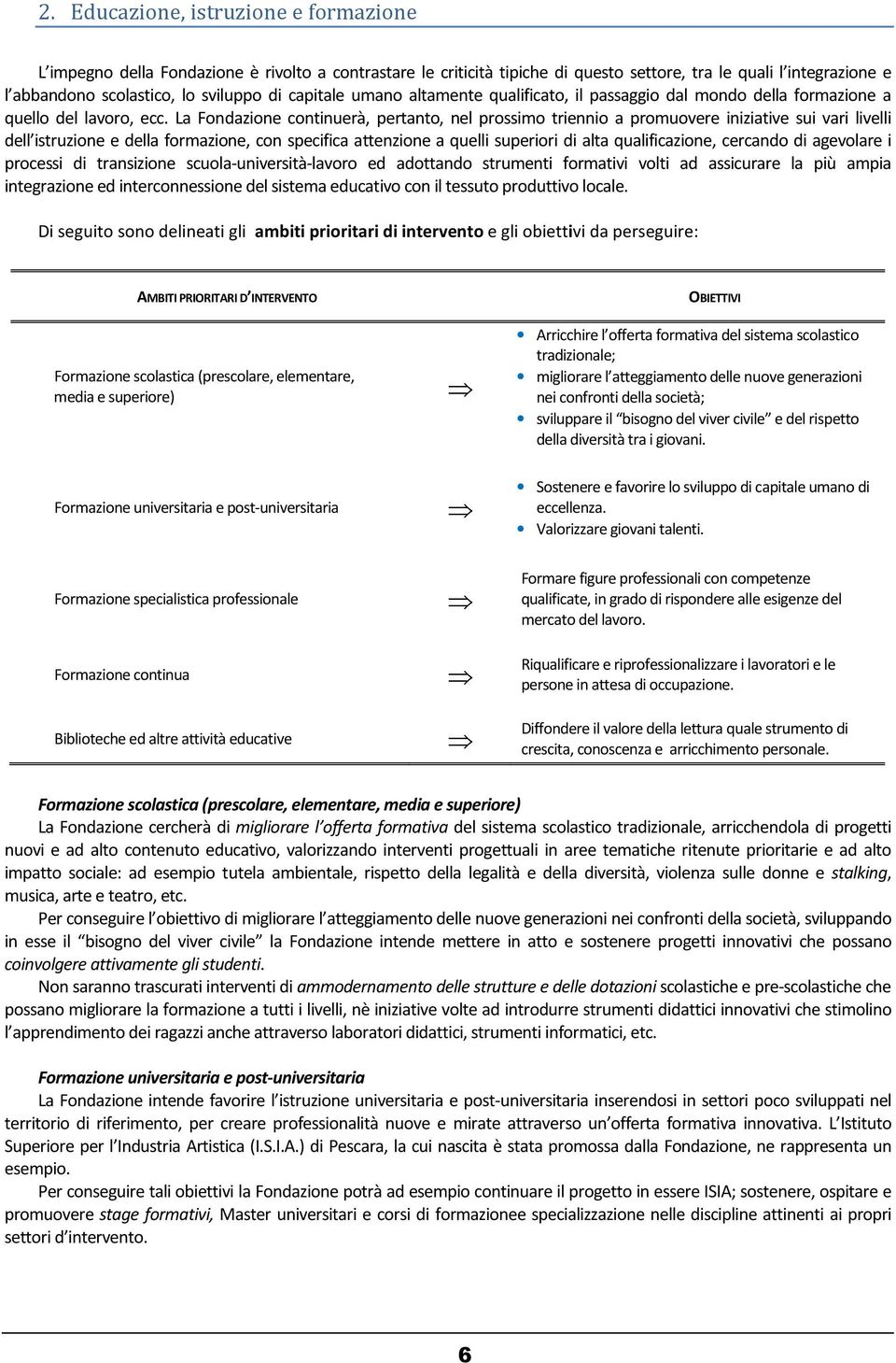 La Fondazione continuerà, pertanto, nel prossimo triennio a promuovere iniziative sui vari livelli dell istruzione e della formazione, con specifica attenzione a quelli superiori di alta